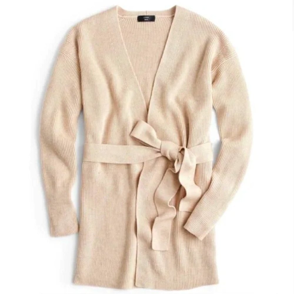 J. Crew 365 Tie Waist Cardigan Longline Sweater in Heather Camel